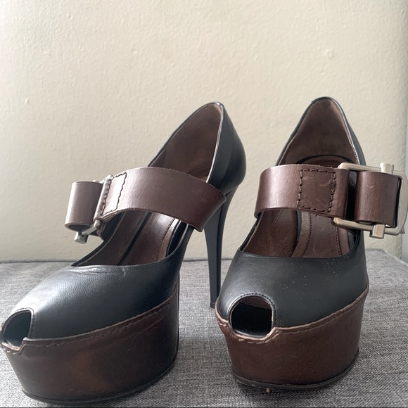 MARNI (Authentic!!) Black/Brown Leather Mary Jane Peep Toe Platform Heels - Picture 2 of 6
